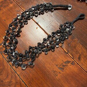 Handmade Black Silk and Clear Glass Bead Triple Strand Necklace
